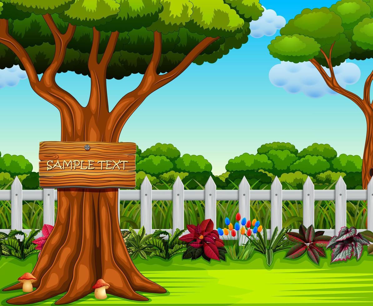 the beautiful yard with the board text and a lot of bush vector