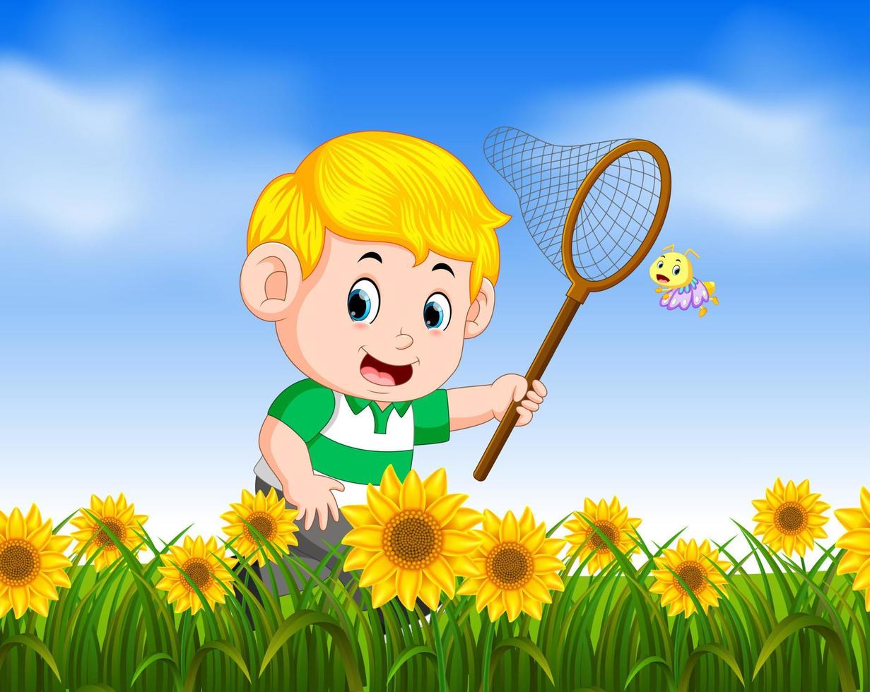 young boy catching butterfly in the jungle vector