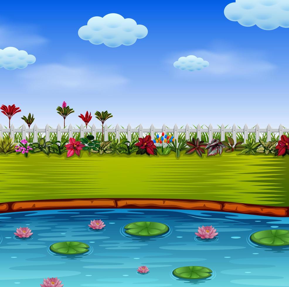 the beautiful garden with the blue lake vector