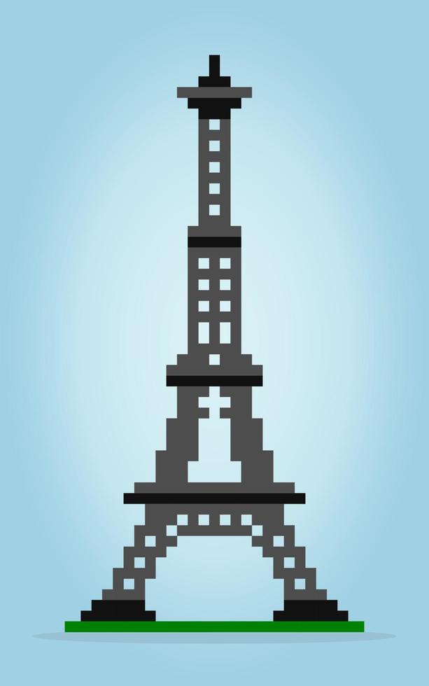 Imagen de la torre Eiffel de píxeles de 8 bits. edificio en ilustración de arte vectorial de píxeles. torre en francia para los activos del juego. vector