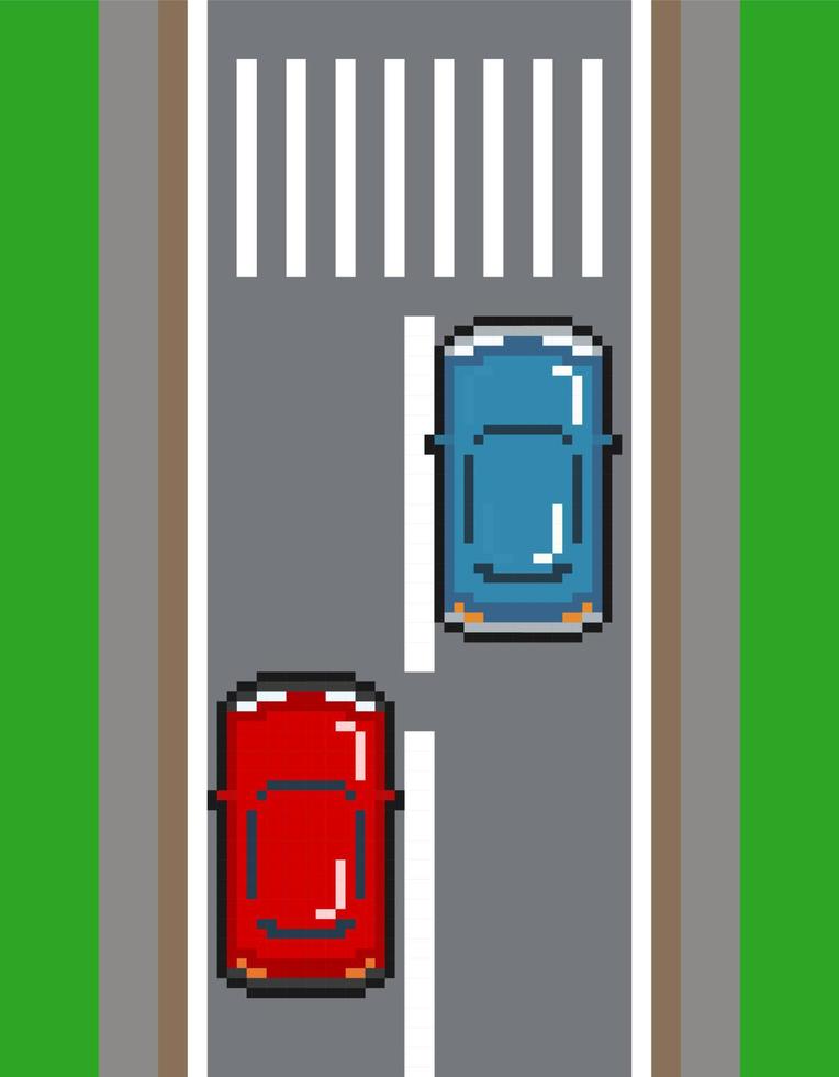 Carretera vertical de 8 bits de píxeles con dos coches. ilustración de vector de carretera de tráfico