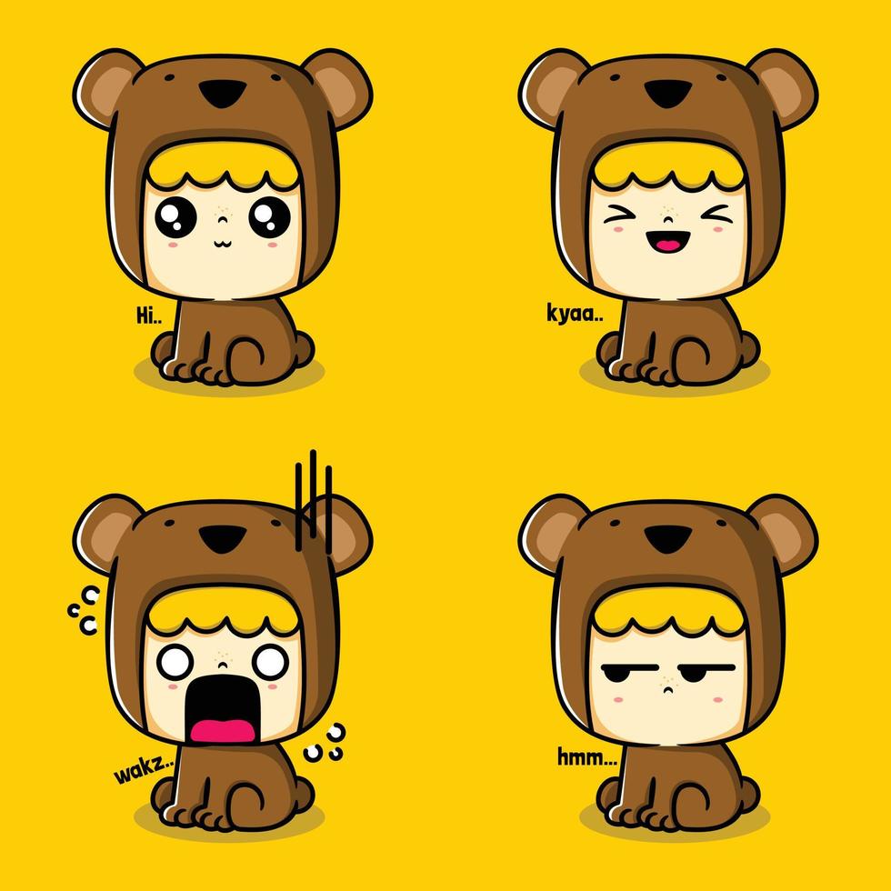 ilustración vectorial de lindo bebé niño emoji vistiendo traje de oso vector