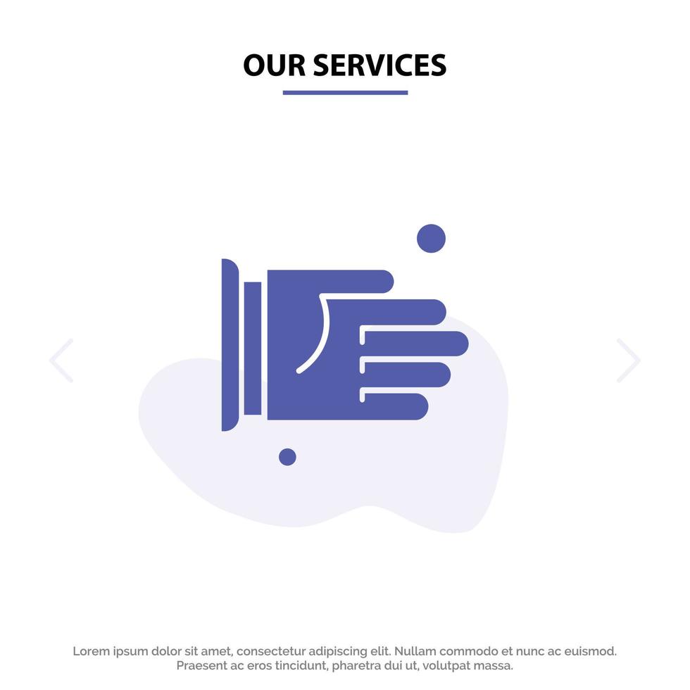 nuestros servicios mano acuerdo de apretón de manos oficina icono de glifo sólido plantilla de tarjeta web vector