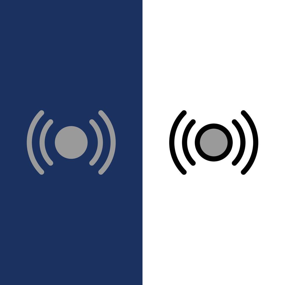 señal básica esencial ui ux iconos planos y llenos de línea conjunto de iconos vector fondo azul