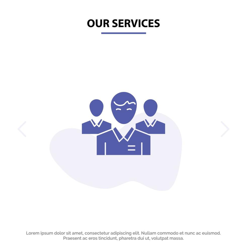nuestro equipo de servicios director ejecutivo de negocios líder ejecutivo liderazgo persona icono de glifo sólido plantilla de tarjeta web vector