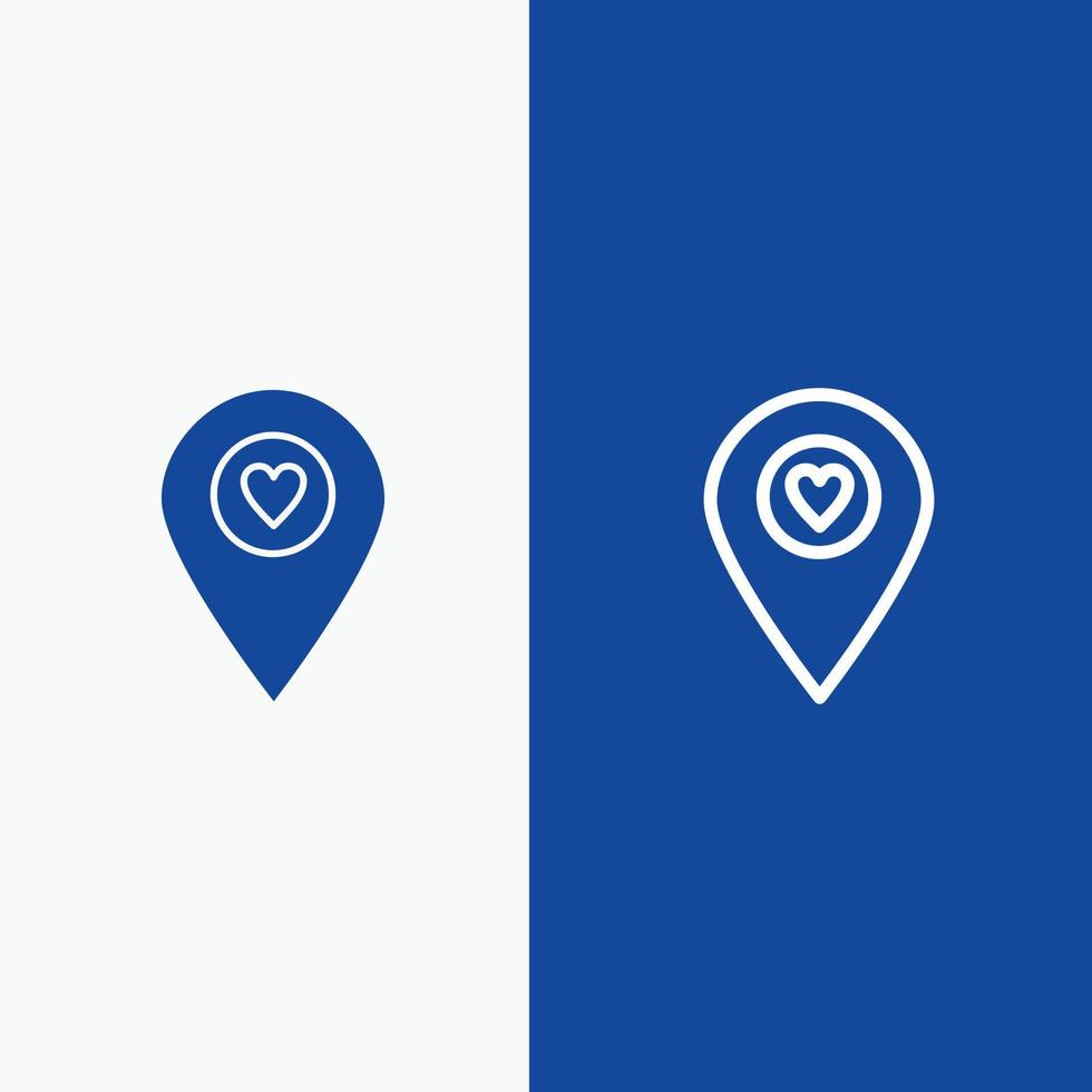 línea de puntero del mapa de ubicación del corazón y glifo icono sólido línea de banner azul y glifo icono sólido azul bann vector