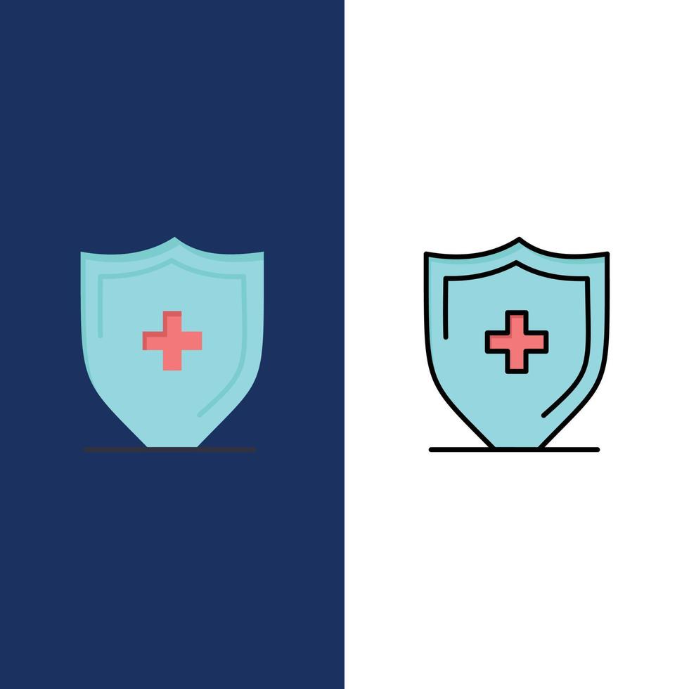 iconos de escudo de tablero de letrero de hospital plano y conjunto de iconos llenos de línea vector fondo azul