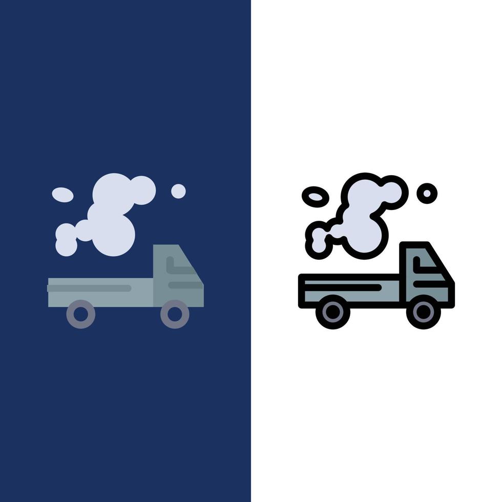 iconos de contaminación de gas de emisión de camión de automóvil plano y conjunto de iconos llenos de línea vector fondo azul