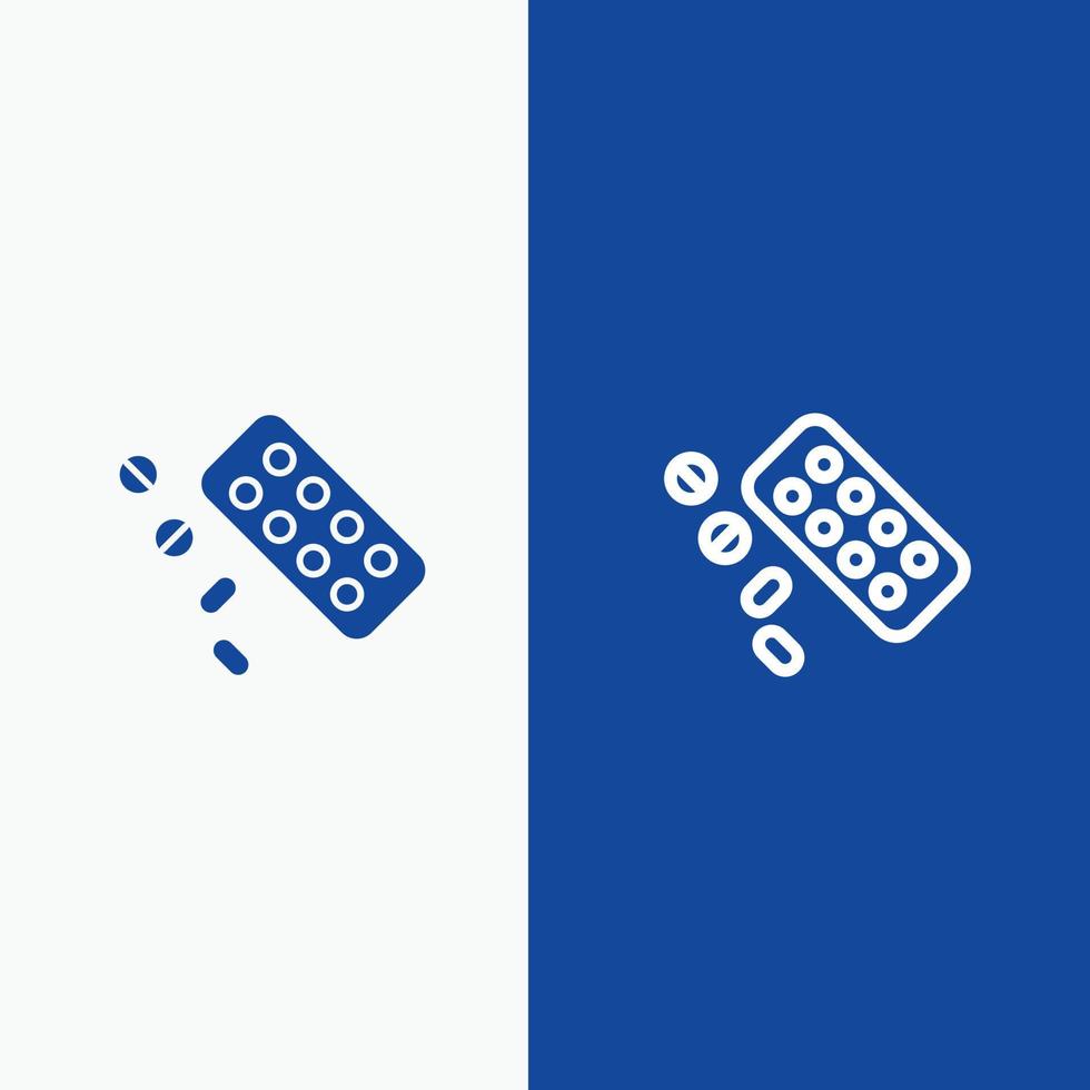 medicina píldora línea de tratamiento de tabletas y glifo icono sólido bandera azul vector