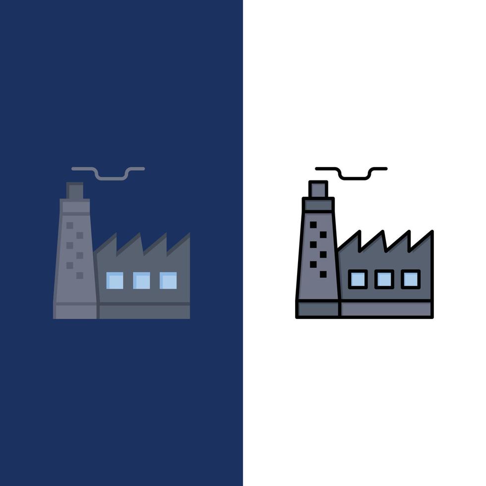 Building Factory Construction Industry  Icons Flat and Line Filled Icon Set Vector Blue Background