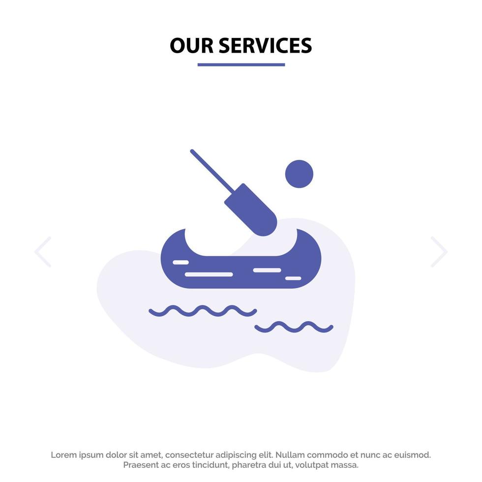 nuestros servicios barco kayak canadá icono de glifo sólido plantilla de tarjeta web vector