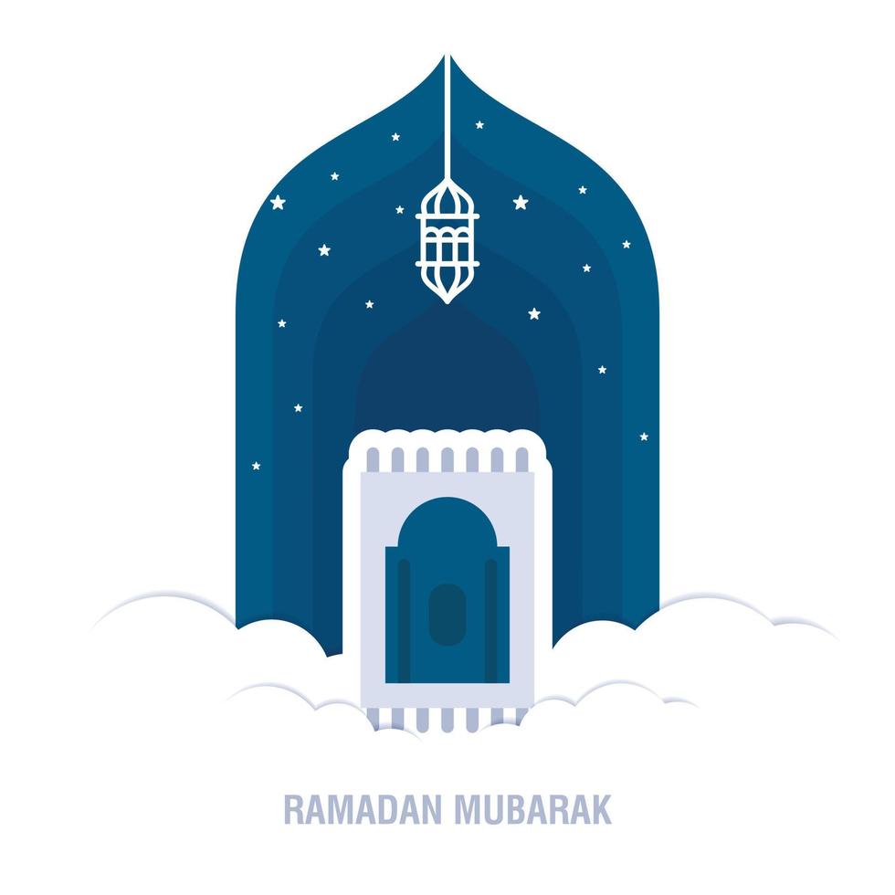 Ramadan Kareem islamic design crescent moon and mosque dome silhouette with arabic pattern and calli vector