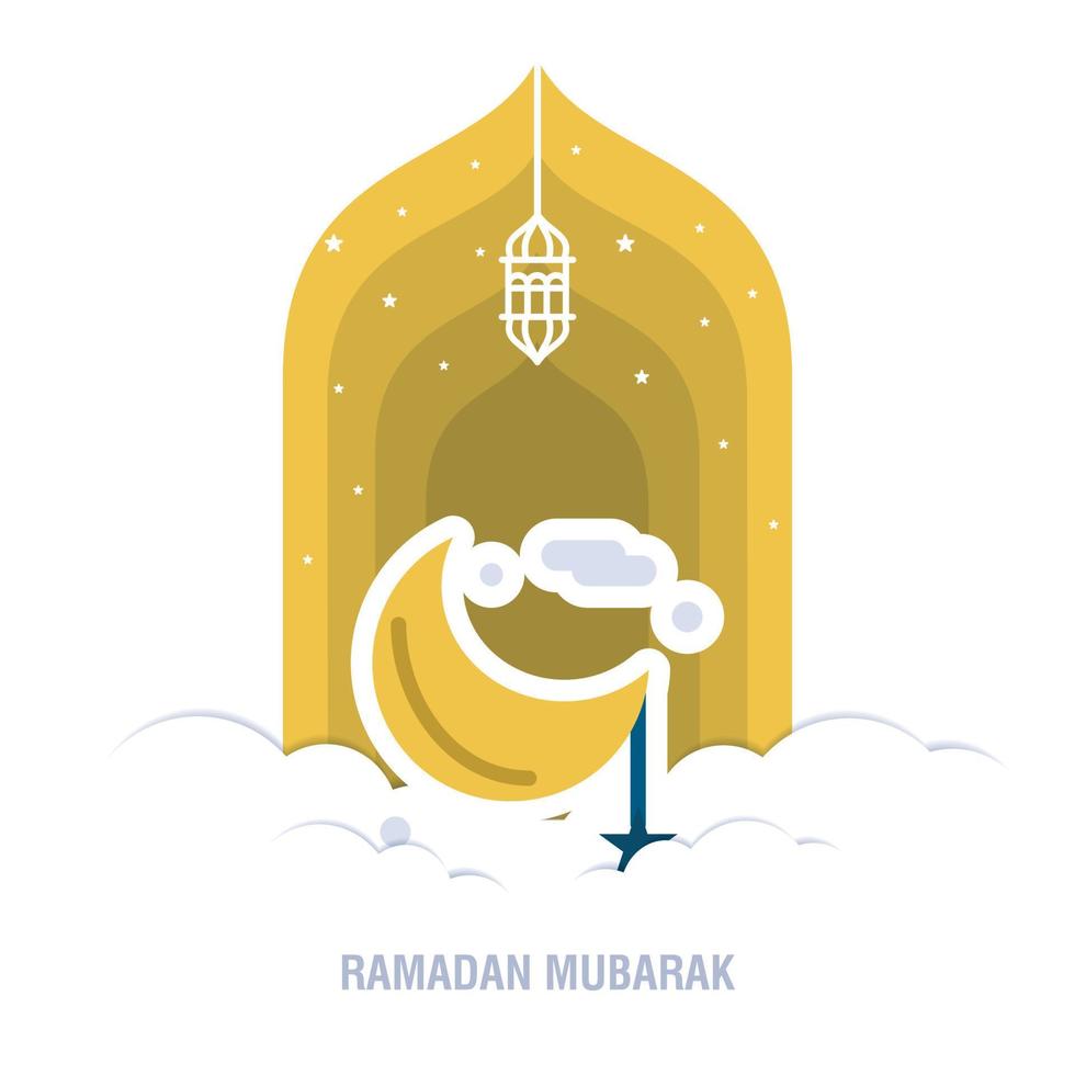 ramadan kareem diseño islámico luna creciente y silueta de cúpula de mezquita con patrón árabe y calli vector