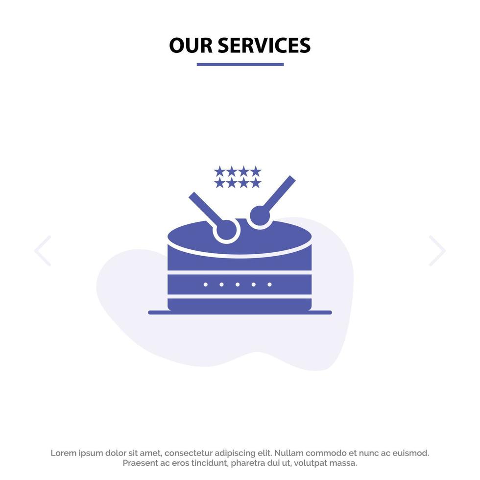 Our Services Drum Instrument Music Parade Solid Glyph Icon Web card Template vector