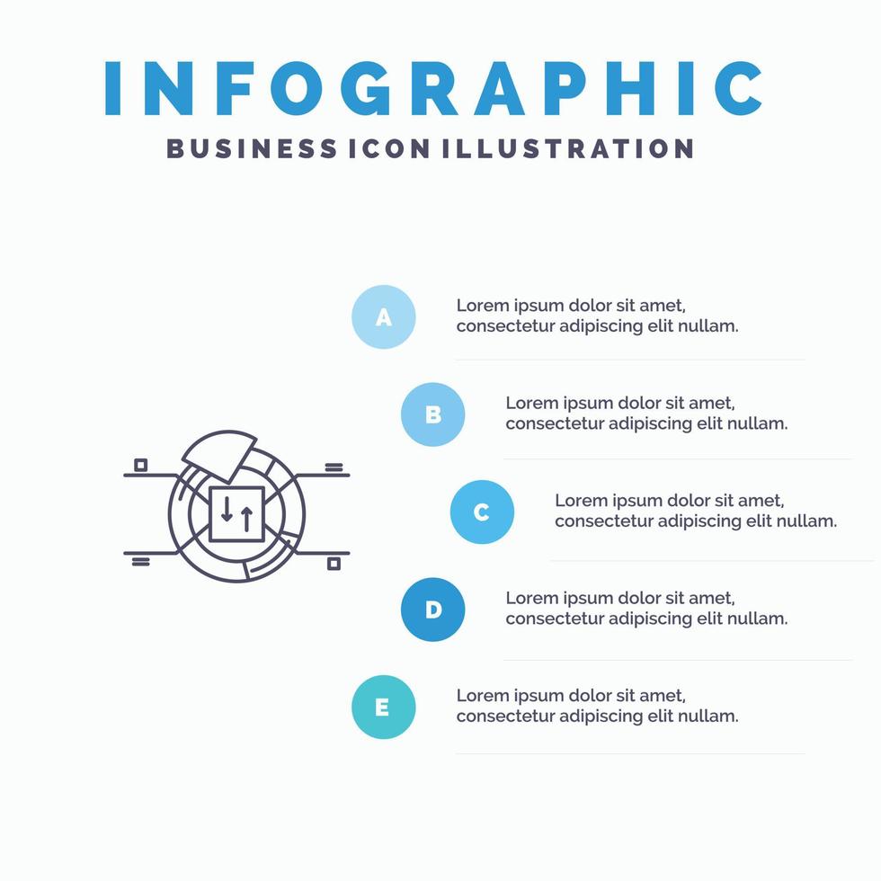 icono de línea de porcentaje de informe de gráfico circular con fondo de infografía de presentación de 5 pasos vector