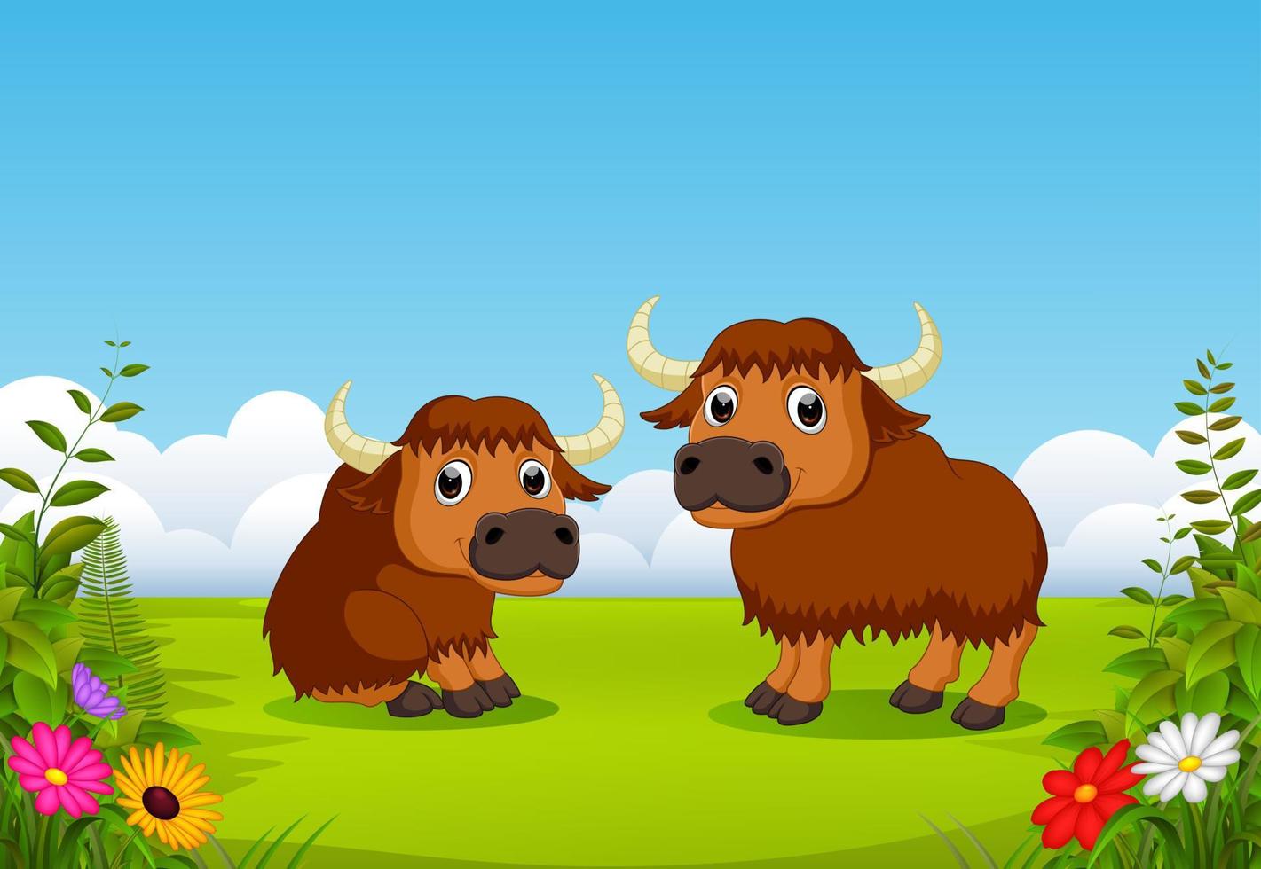 two big brown bison playing in the green field around the flowers vector