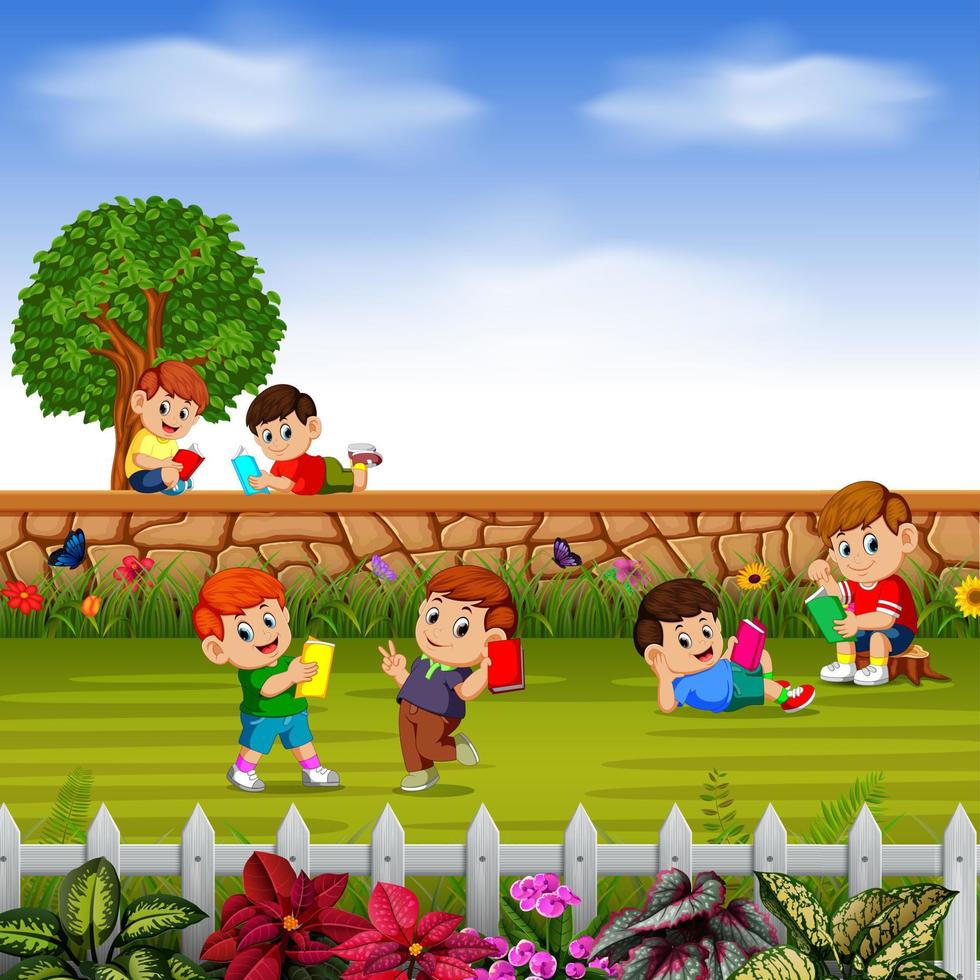 los niños felices aprenden junto con sus amigos en su jardín vector