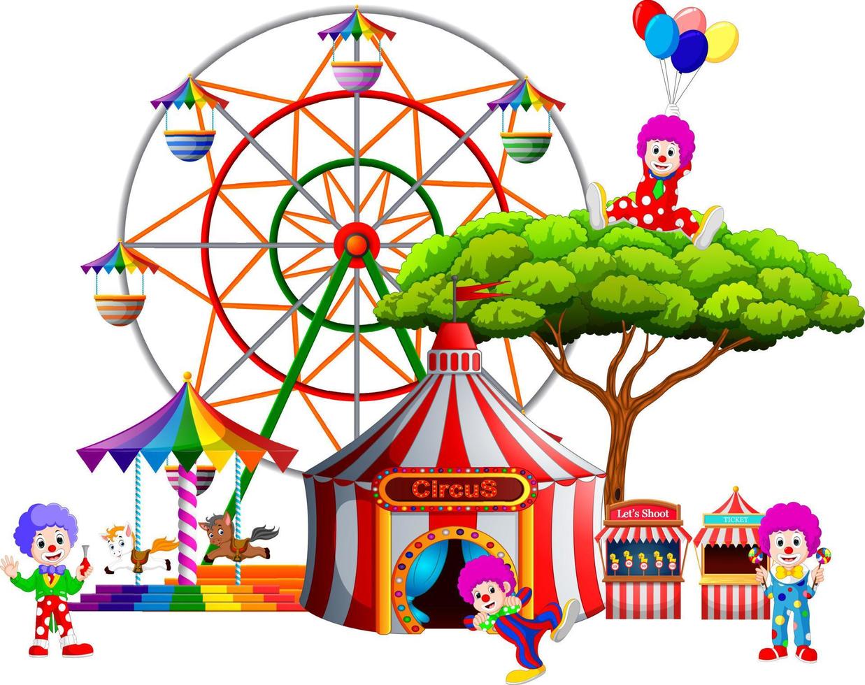 an awesome circus with so many clown around it vector
