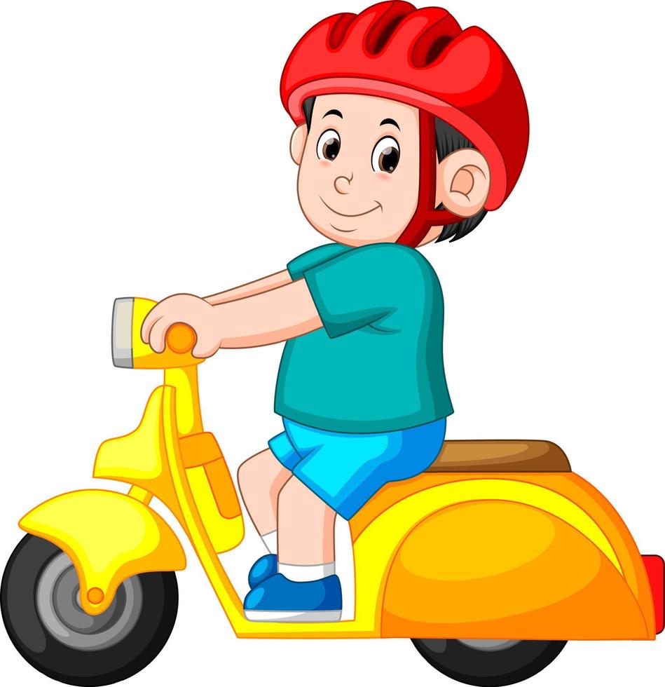 the man ride the yellow scooter motorcycle and use the red helmet vector