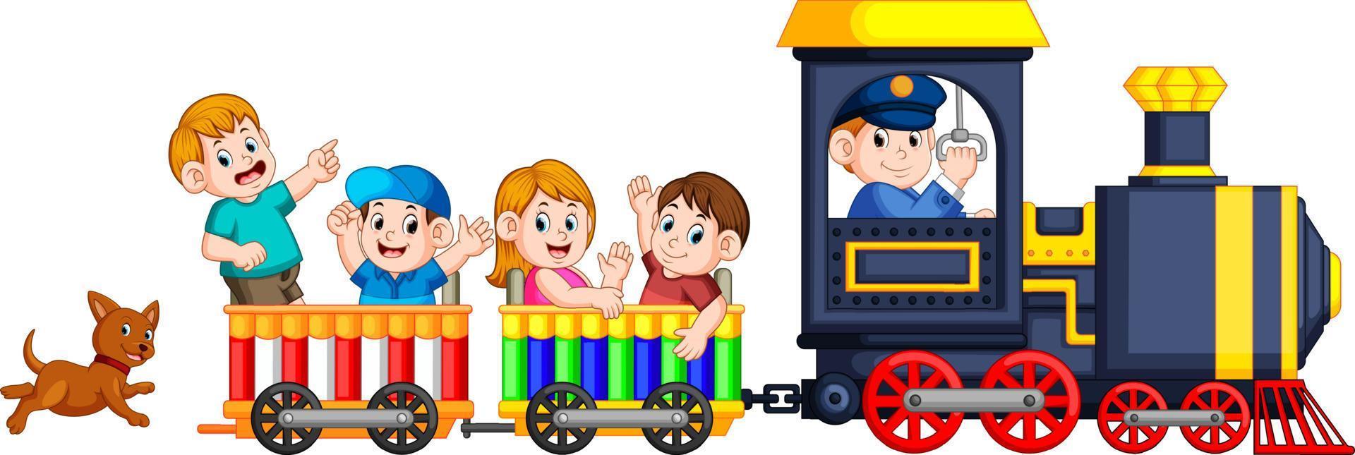 los niños y el maquinista se suben al tren y el perro los sigue por la parte de atrás vector