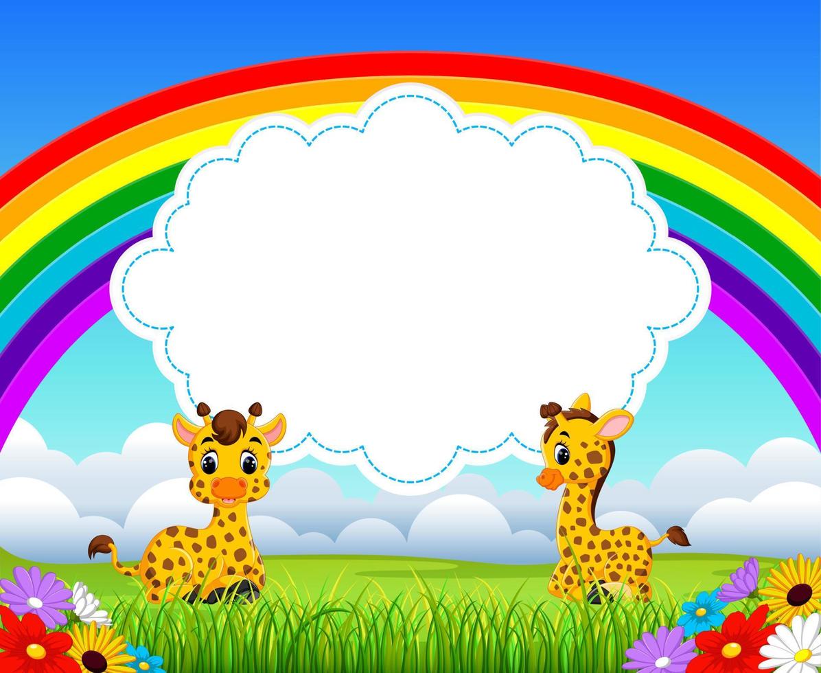 the nature view with the cloud board blank space and two baby giraffe playing vector