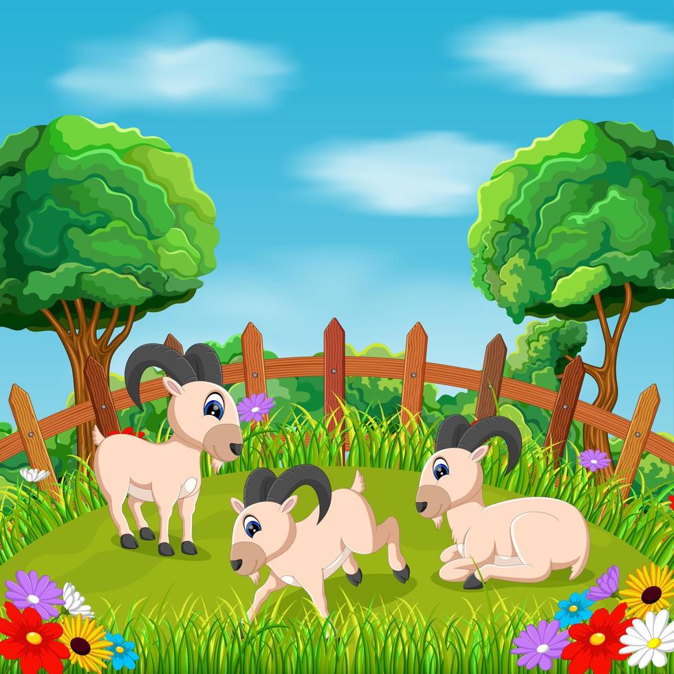 the natural view with the goat action in the yard around the flowers vector