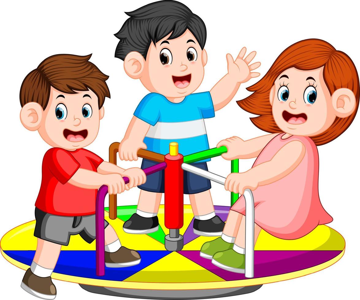 the children play carousel with pleasure vector