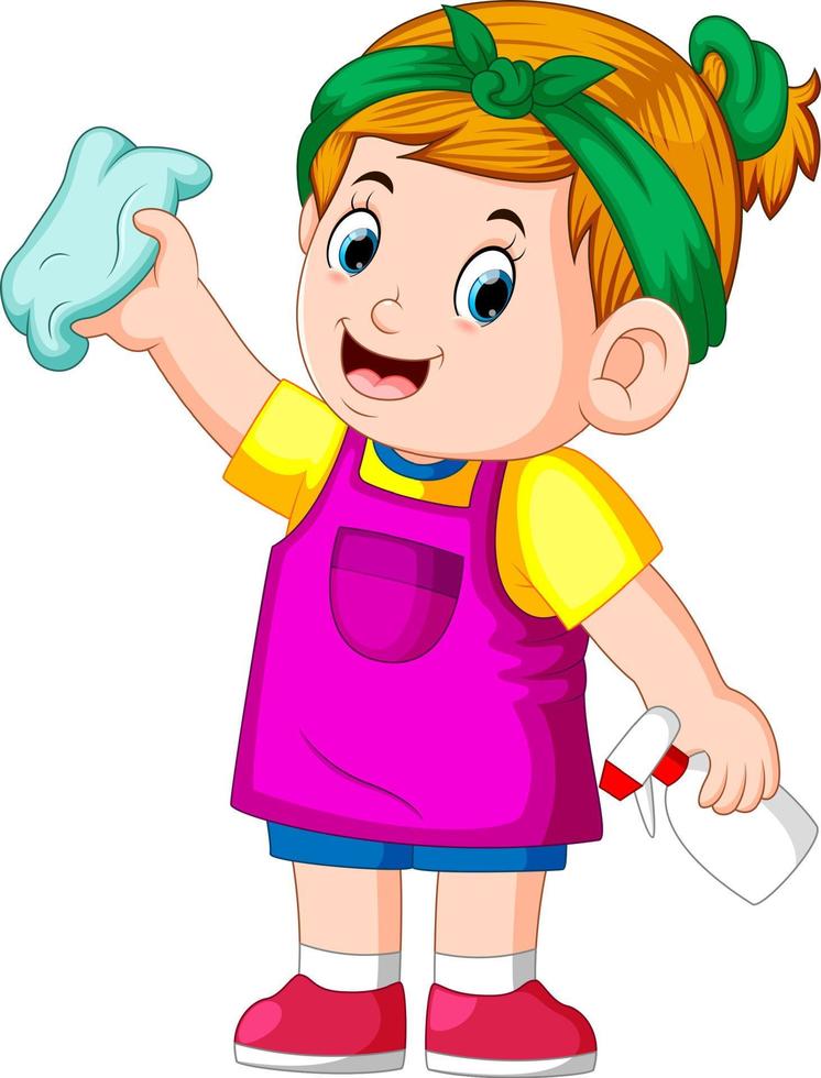 la chica inteligente limpia todo con la toalla y usa delantal vector