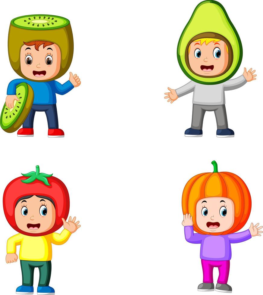 the collection of the cute boys using the cute fruits costume with different colour vector