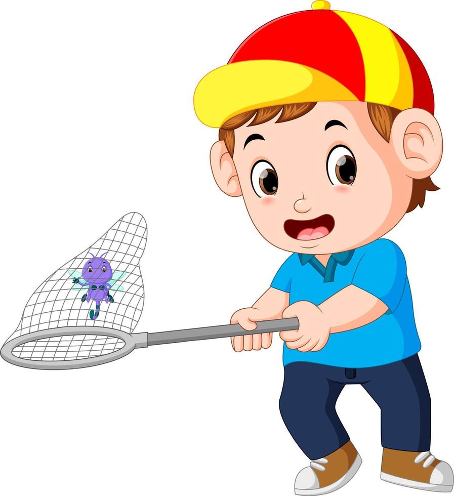 Cartoon boy is catching dragonfly vector