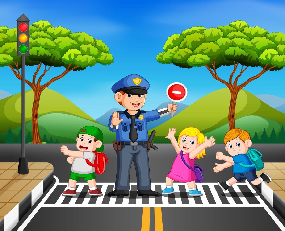 the children cross the road while the police stop the transportation vector