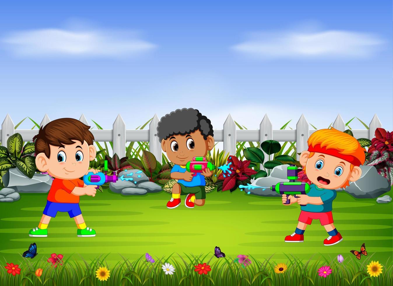 the children play the water shot in the yard vector