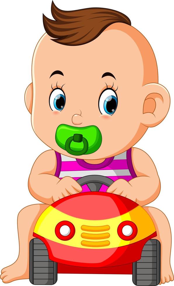 el divertido bebé feliz juega con el juguete del coche vector
