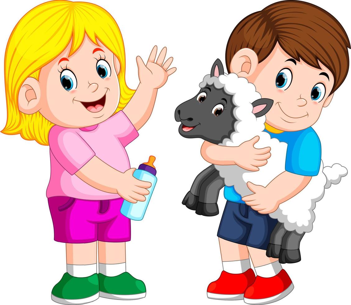 young girl holding baby milk bottle and boy plays with sheep vector