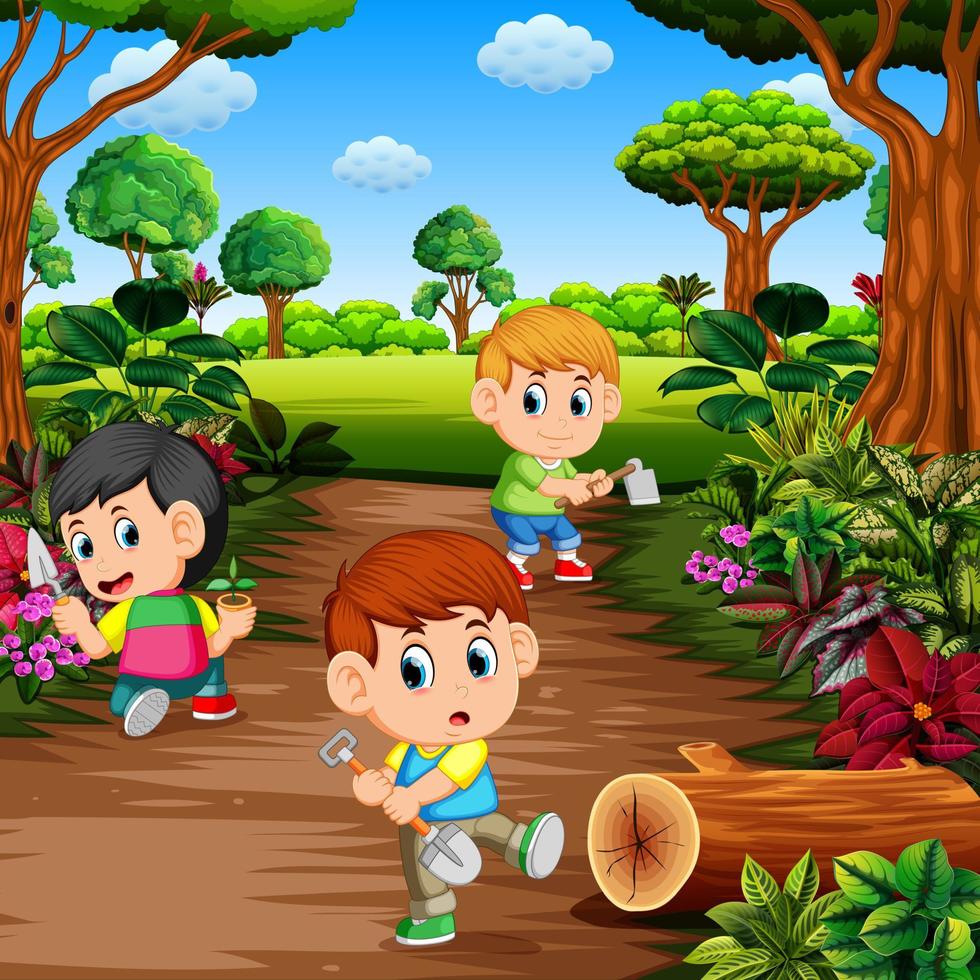 kids learning gardening outdoors vector
