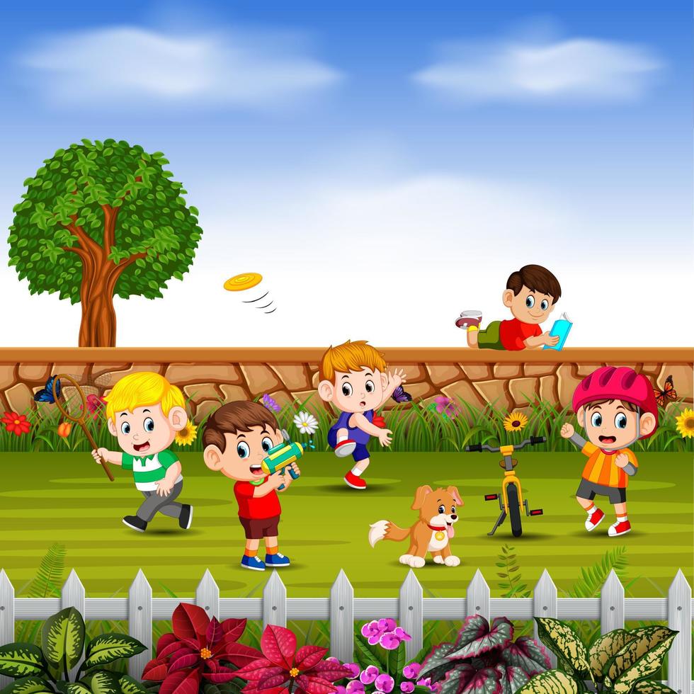 the boys do sport and play together in yard vector