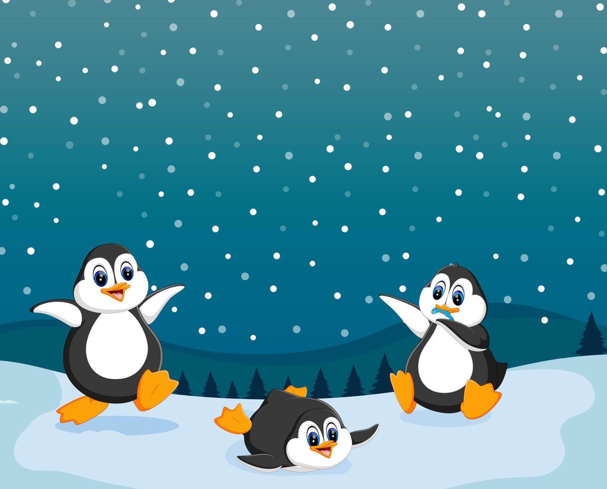 la hermosa vista con tres pingüinos jugando en la nieve vector