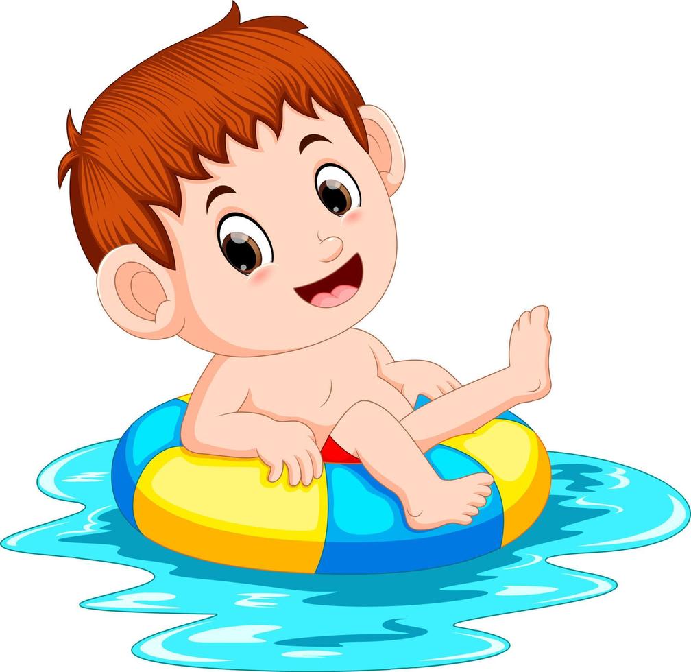 the boy swims in the pool with the ring ball vector