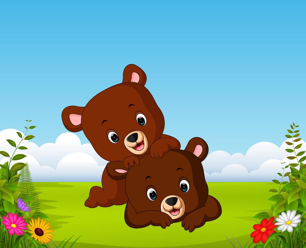 the beautiful view with two little bear playing together vector