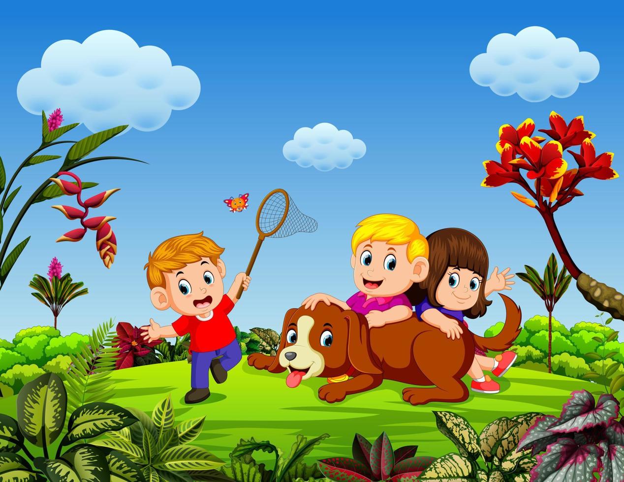 the children are playing with the dog and some of them are catching the butterfly vector
