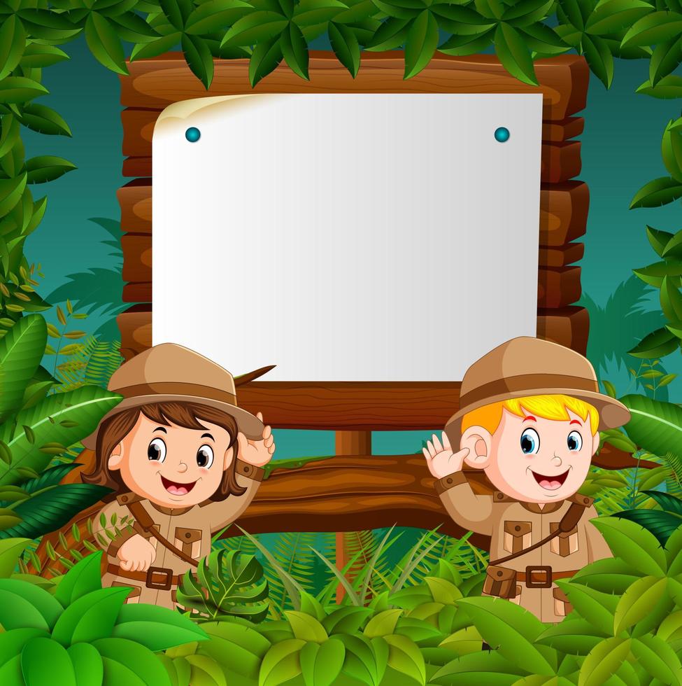 dos niños en una aventura en la jungla con fondo de madera en blanco vector