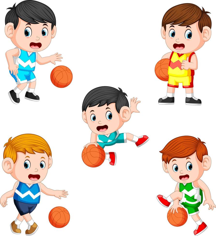 collection of the basketball children player with the different posing vector