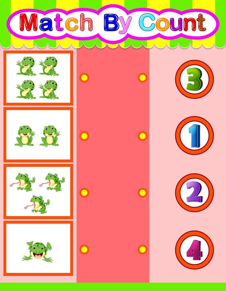 cuenta y combina dibujos animados de ranas, juego educativo de matemáticas para niños vector