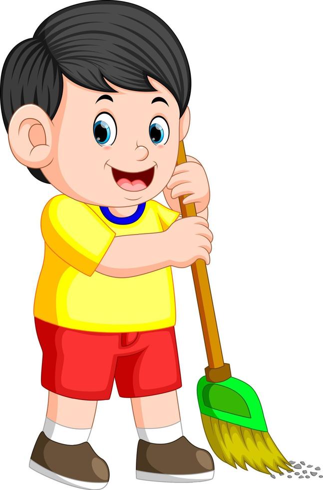 the boy with the black hair is sweeping the trash with the green broom vector