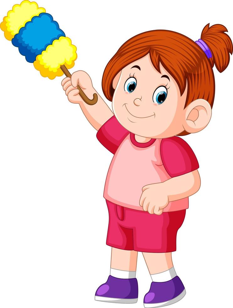 the beautiful girl holding the duster to clean in the dust vector