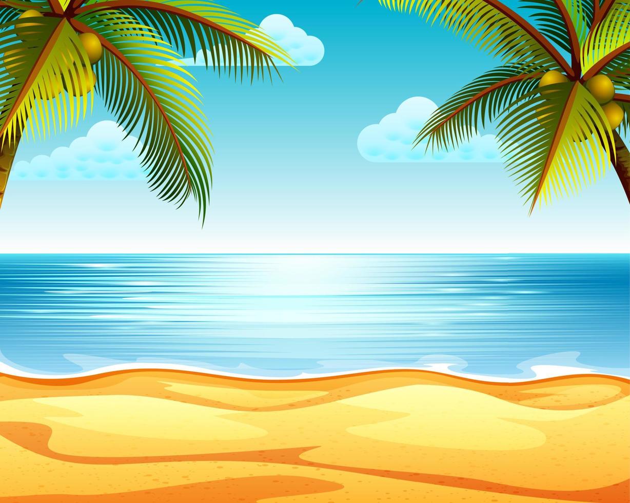 the tropical beach view with the sandy beach and two coconut tree in both sides vector