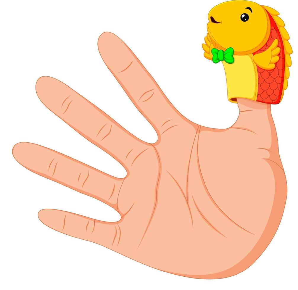 hand wearing a cute fish finger puppet on thumb vector