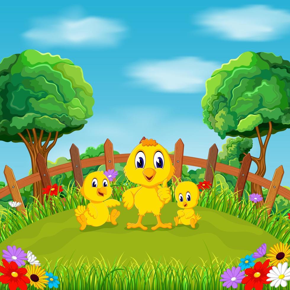 the little yellow chicken playing with their friend around the flowers in the field vector
