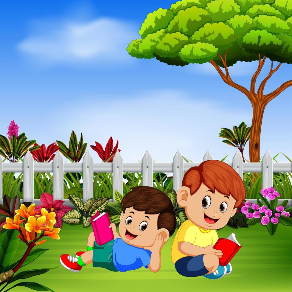 two children reading book in the yard vector