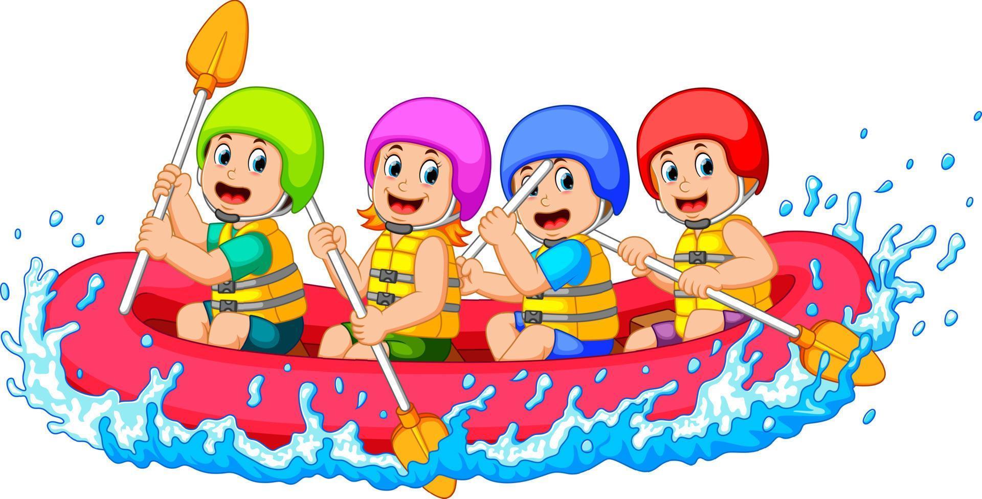 feliz equipo de rafting en un río vector